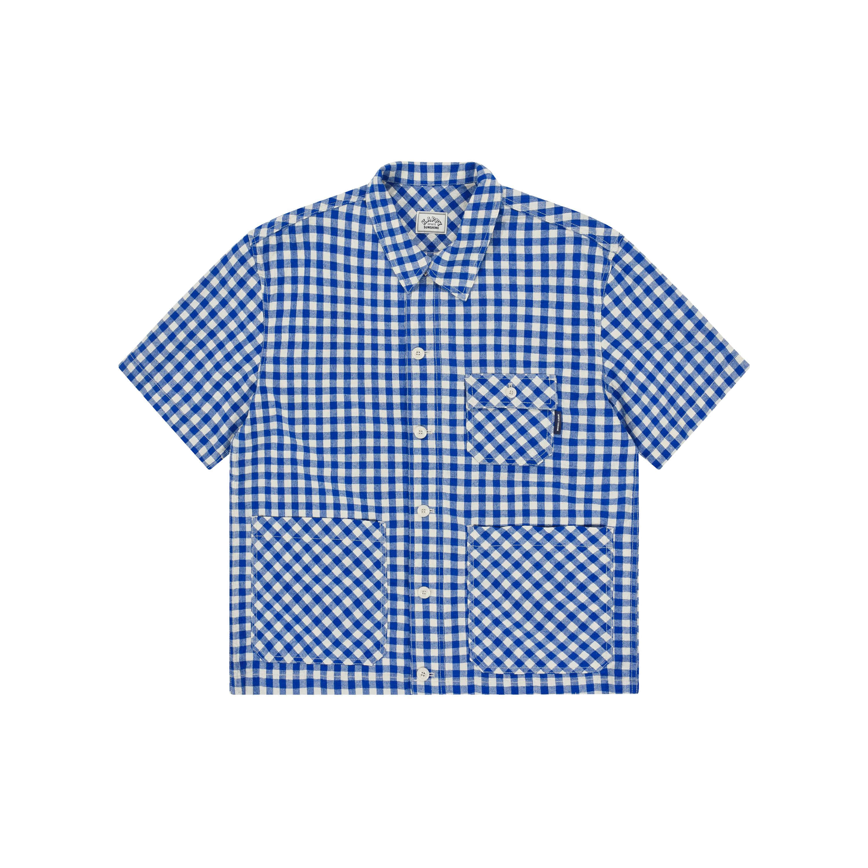 Gingham check linen half shirt blue