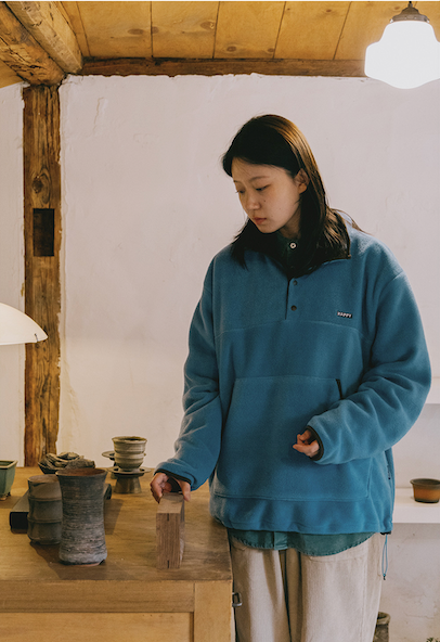 Fleece button anorak sky blue