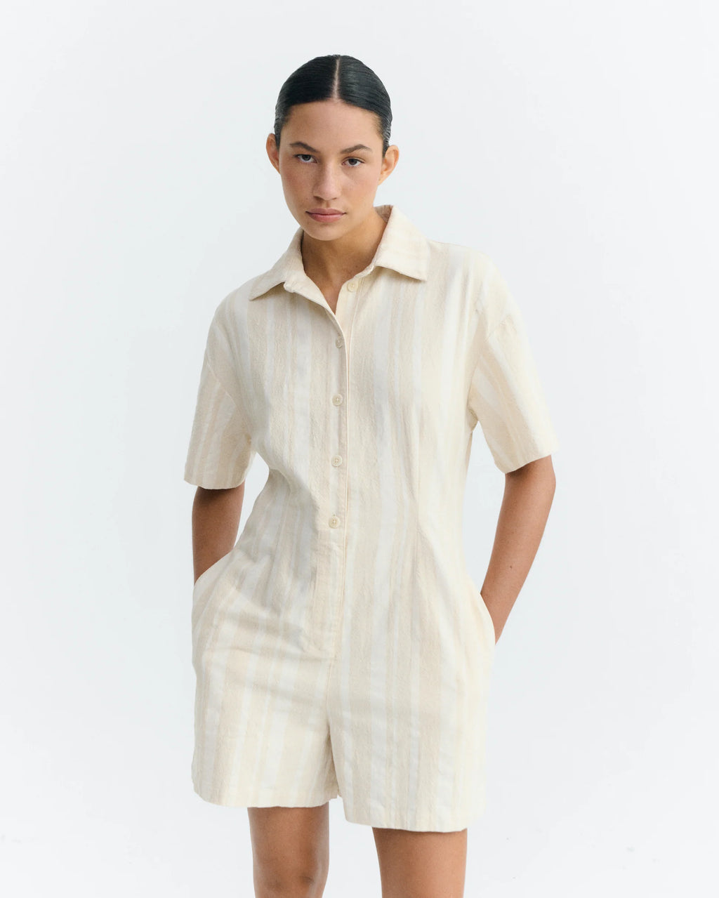 Roberta raw dappled stripes jumpsuit ecru