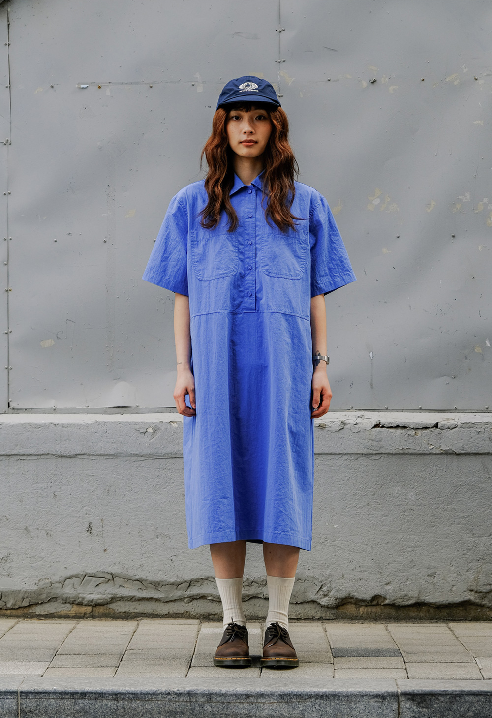 Pocket half shirt dress blue