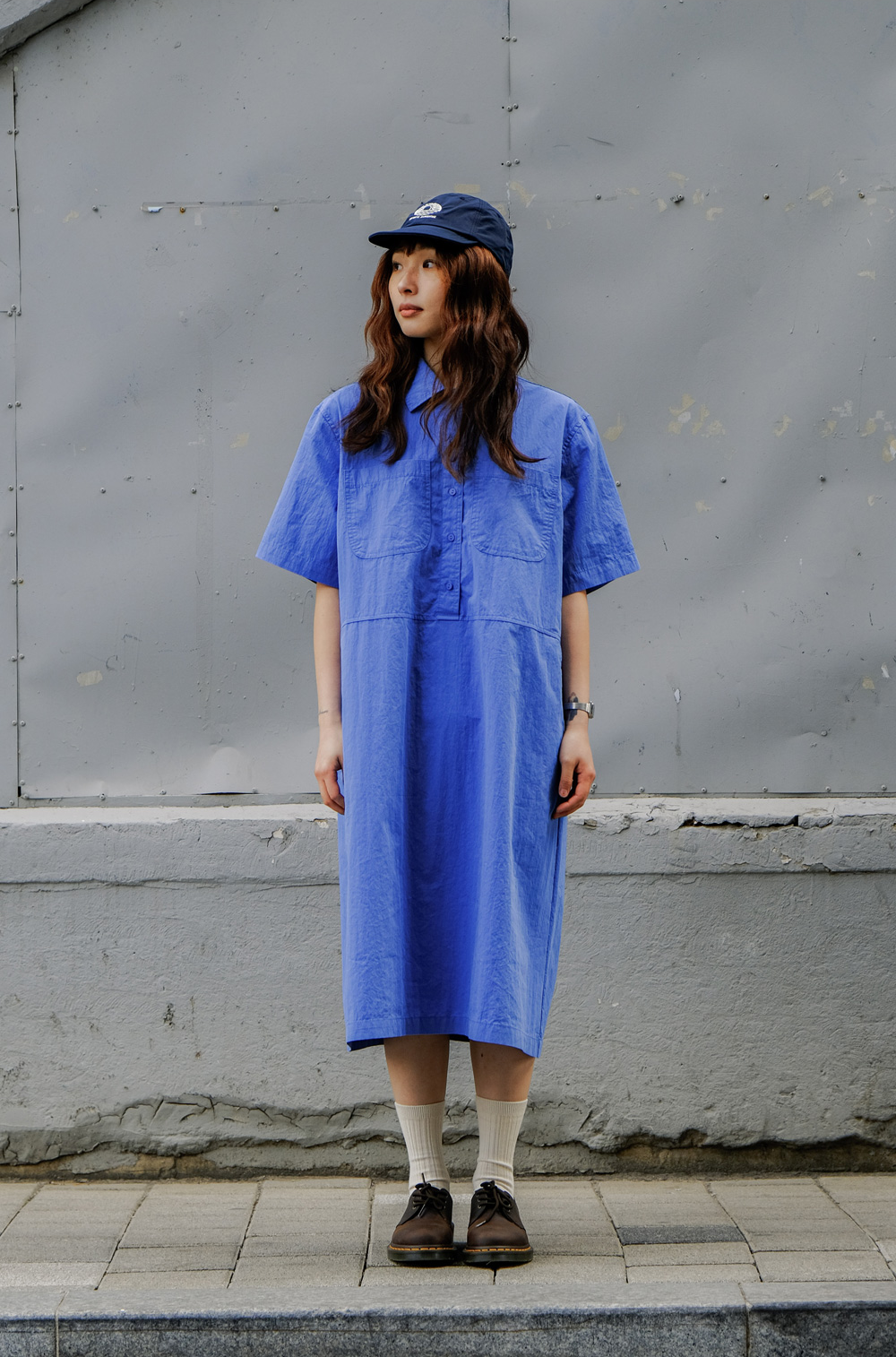Pocket half shirt dress blue