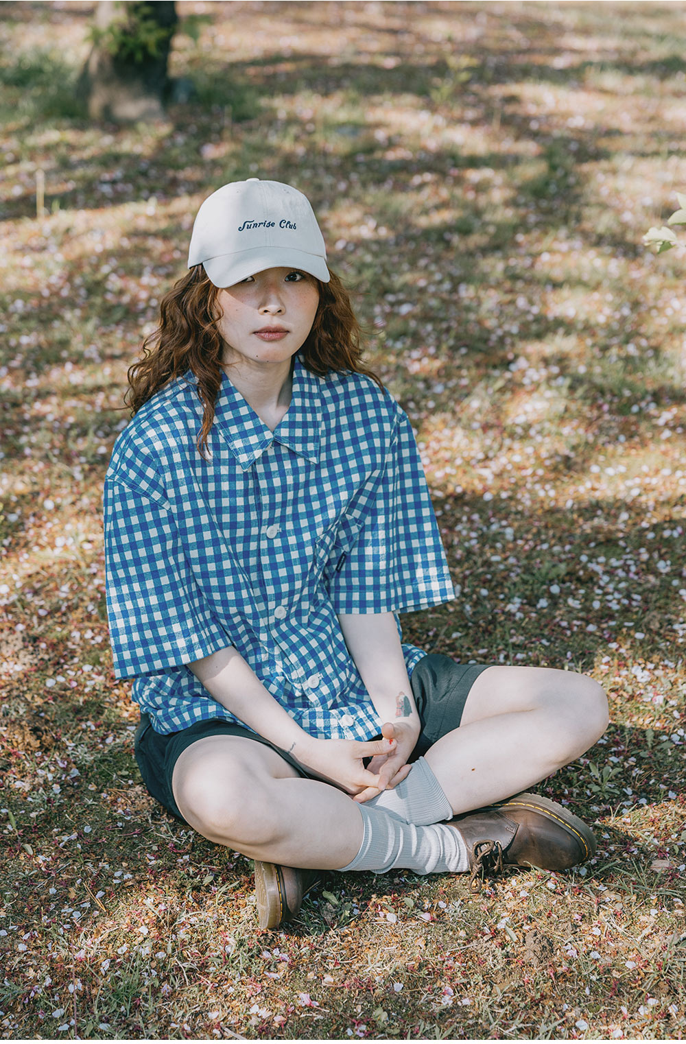 Gingham check linen half shirt blue