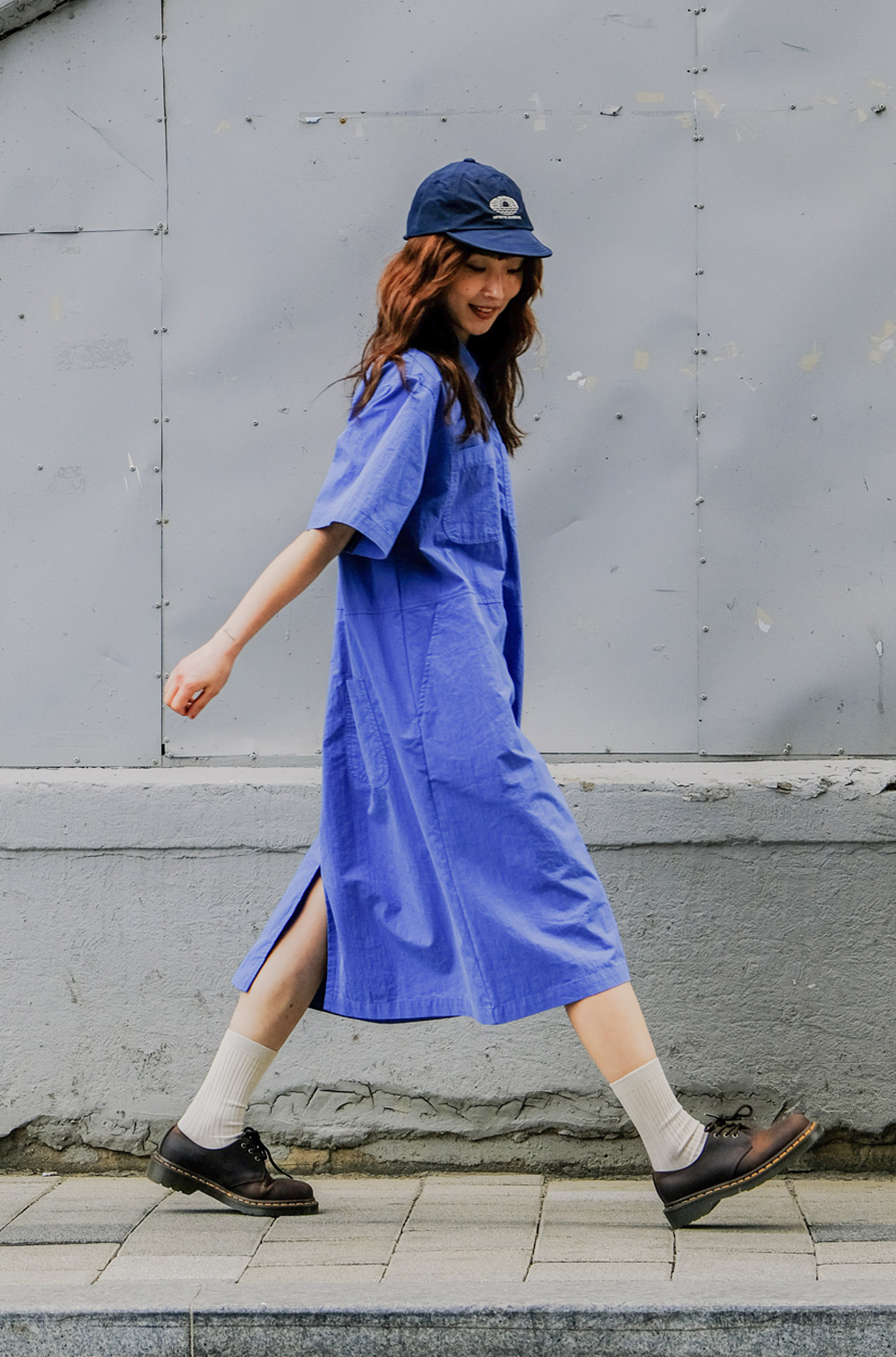 Pocket half shirt dress blue