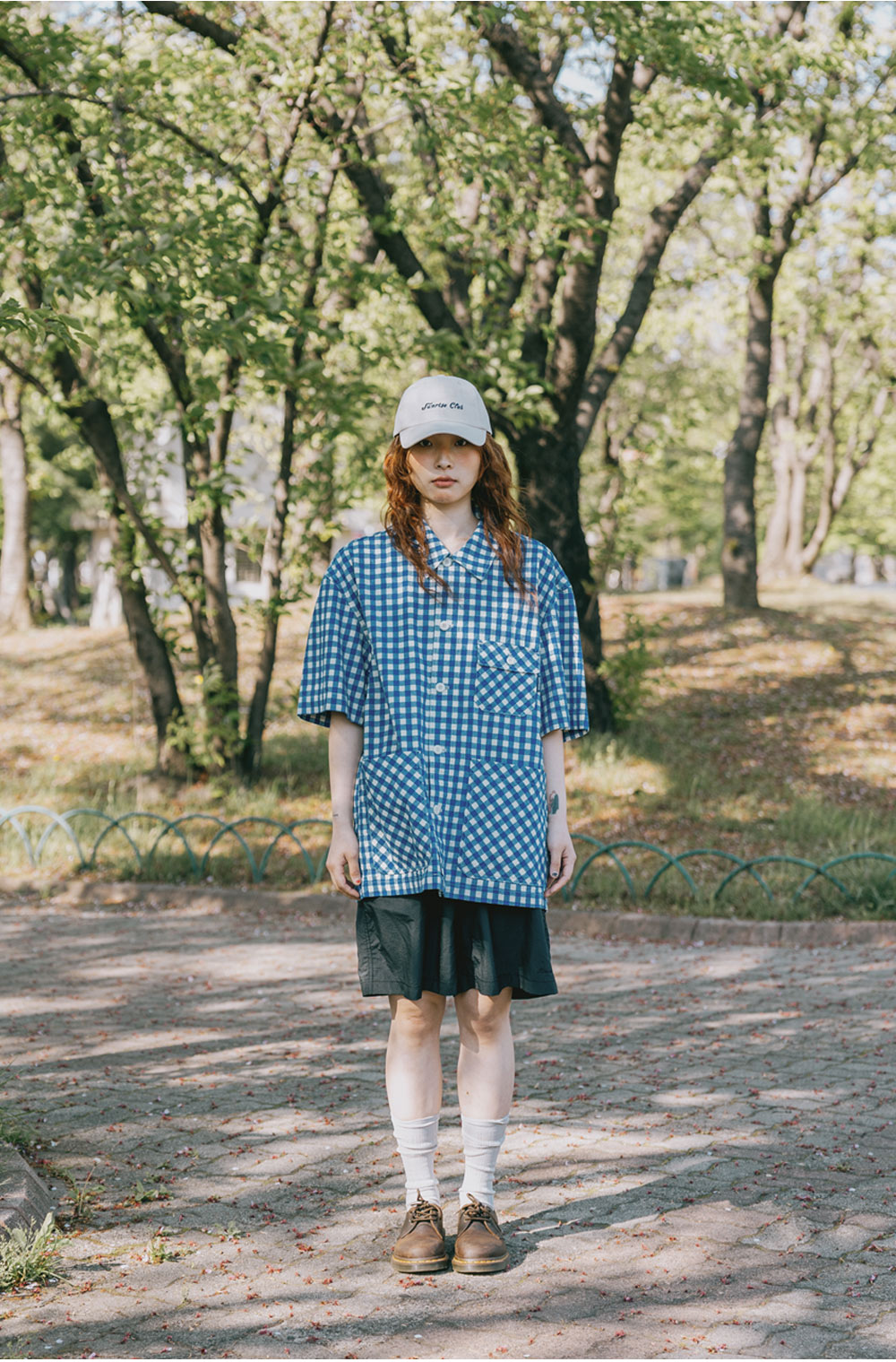 Gingham check linen half shirt blue