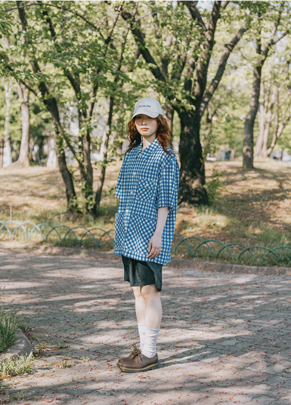 Gingham check linen half shirt blue