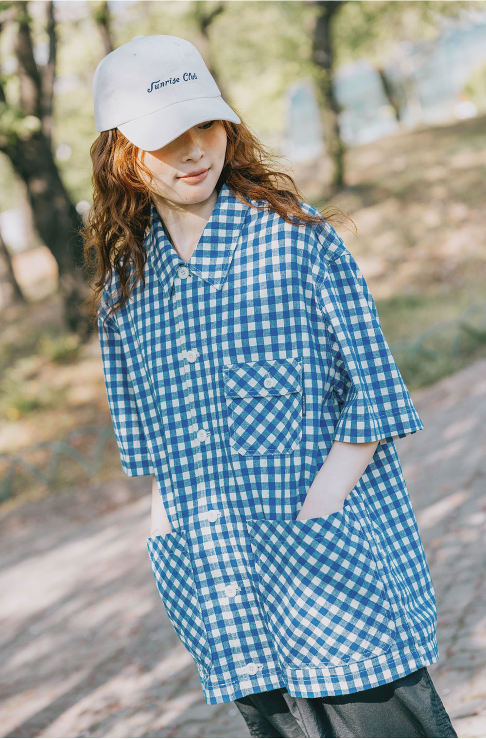 Gingham check linen half shirt blue