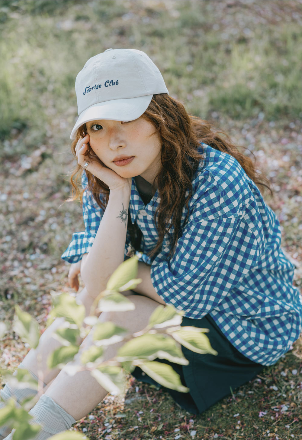 Gingham check linen half shirt blue